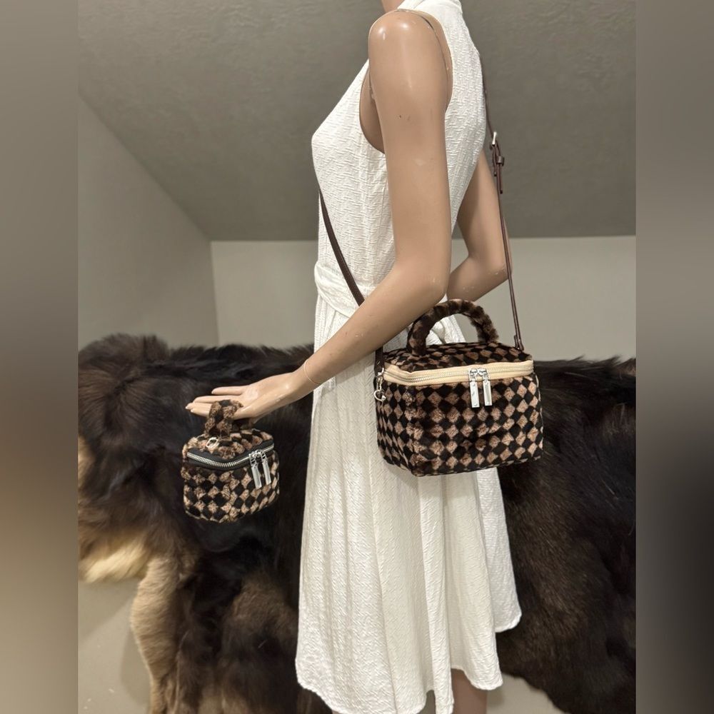 Checkerboard Real Shearling Leather Handmade Boxy Bag Set/Lamb Fur Crossbody Bag - Picture 6 of 16